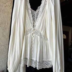 Ivory Lace-Trim Button Front Blouse